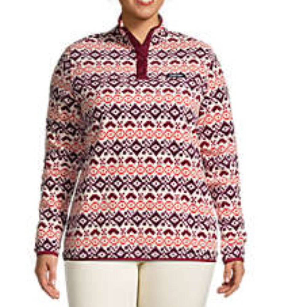 Lands End Heritage Fair Isle Fleece Pullover Sweatshirt Womens 2X Snap Neck NWT